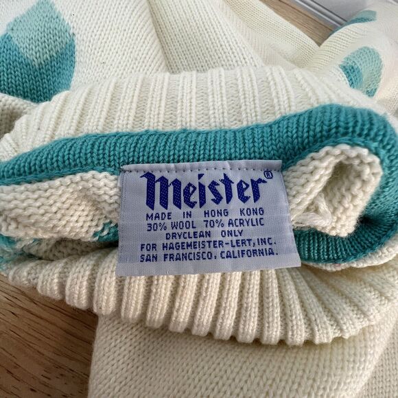 Vintage Meister Wool Blend White Turtleneck Sweater Aqua Geometric‎ Pattern Lg - Picture 11 of 11